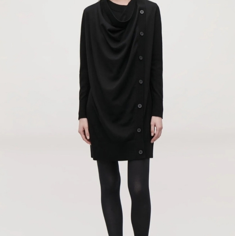 Cos Black Merino Wool Draped Button Long Sleeve D… - image 4